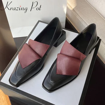 

superstar genuine leather mixed colors square toe med heel women pumps slip on luxury concise loafers runway spring shoes L2f1