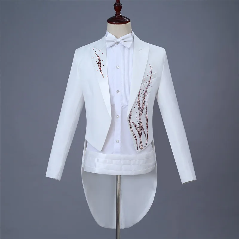 Модный мужской белый смокинг с инкрустацией бриллиантами, Свадебный вечерний банкет, комплект из 2 предметов, приталенный смокинг с отворотом(куртка с хвостом+ брюки