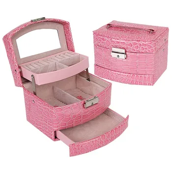 

3 Layers Jewelry Box With Drawers Necklace Jewelry Case With Lock And Key Makeup Mirror PU Leather New PAK55