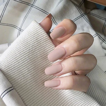 

24Pcs/boxed khaki Pure Color Matte Mid-length Square Head press on nails Women Wearable Full Cover artificial nails with glue
