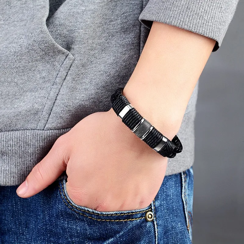 Steel And Leather Bracelet Murtoo Men's Bracelet - Steel And Multi-layer Leather Adjustable Bracelet With Magnetic Clasp Murtoo Brand Bracelet