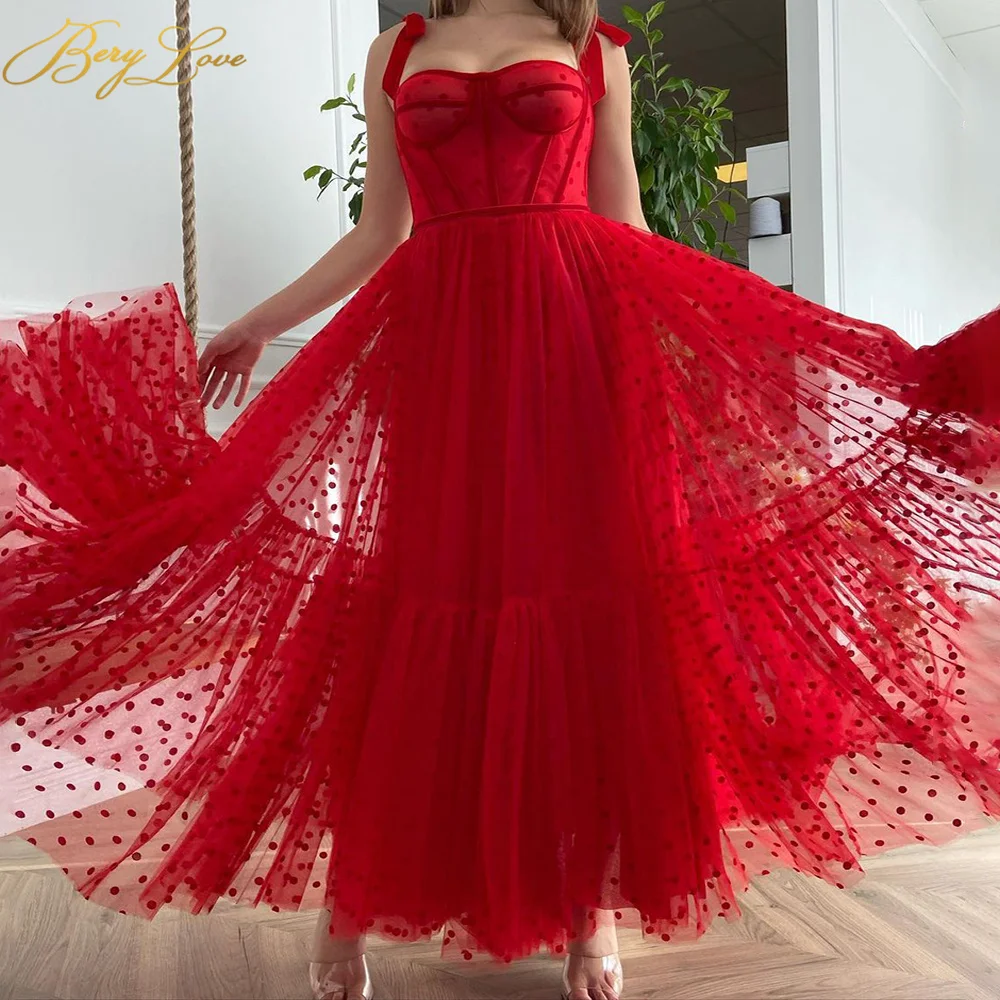 Berylove Red Dot Prom Dresses Long Bow Straps A Line Tiered Evening Dresses Sweetheart Elegant Party Gown Tulle Robe de soiree silver prom dresses