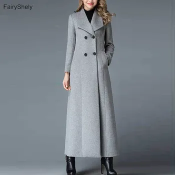 

FairyShely Vintage Woolen Long Coat Women 2020 Autumn Winter Korean Plus Size Button Section Coat Office Lady Elegant Jacket 3XL