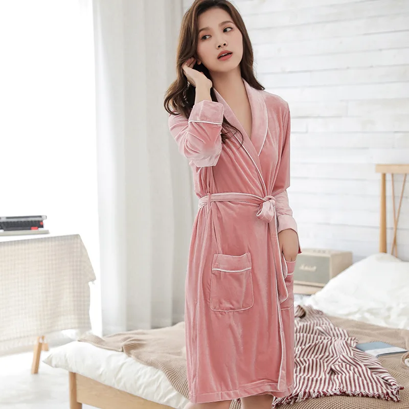 

2019 Velvet Silk Gown Female Autumn and Winter Thick Velvet Chiffon Long-sleeved Robe Silk Plus Size Women Bath Robe