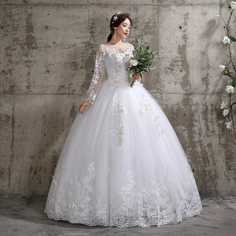 XXN 112#Bride Wedding dress Lace Full sleeve Bandage Embroidered Lace on Net Ball Gown lace up O Neck cheap wholesale girl China