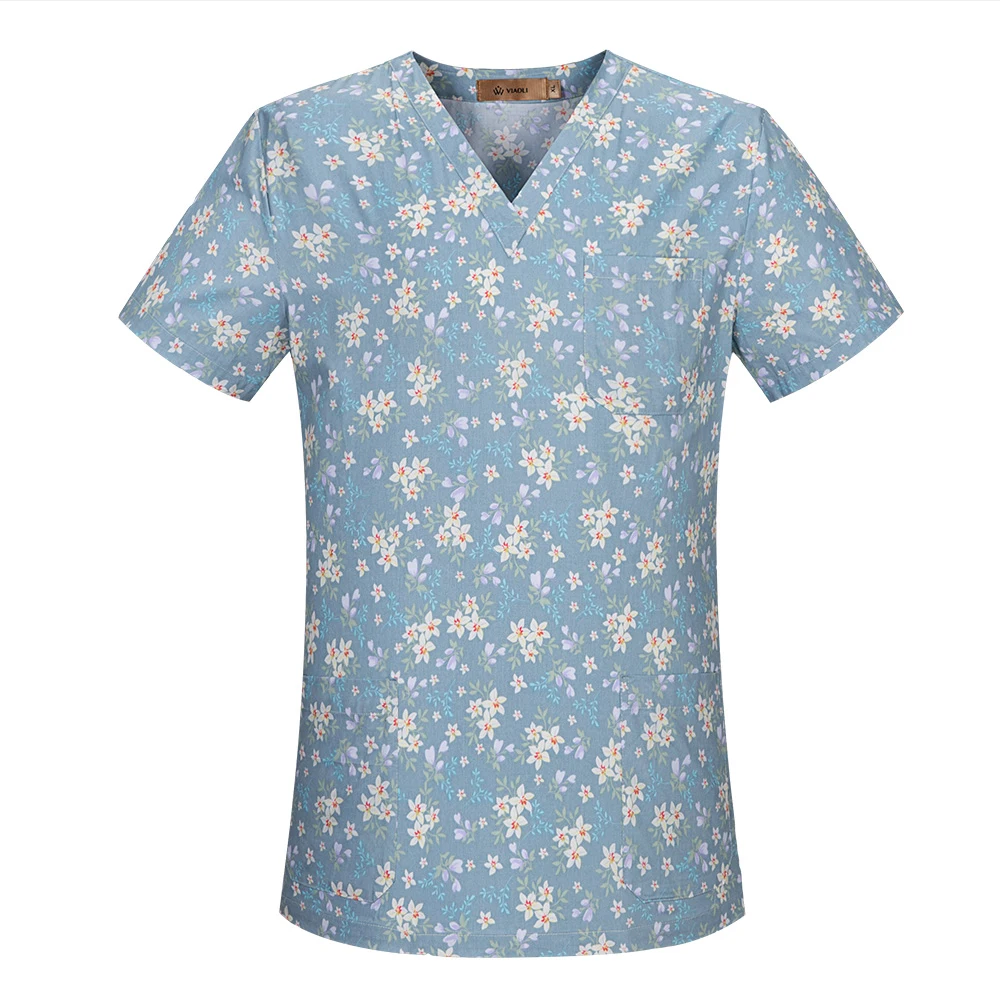 V-neck Dental clinic scrubs tops Floral printing Pet doctor nurse uniforms hospital nursing scrubs tops medical scrubs workwear
