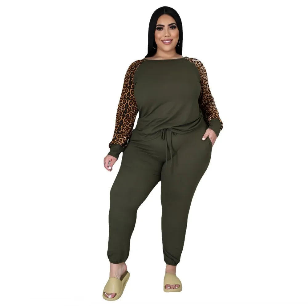 Casual Two Piece Plus Size Sets For Women 4xl 5xl Clothing Leopard Long Sleeve Tops Pants 2pcs Sports Jogging Femme Tracksuit