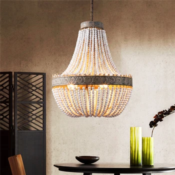 

American Wooden Beads Pendant Lights Fixtures Living Room Bedroom Antique Pendant Lamp Restaurant Retro Decoration Hanging Light