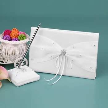 

New White Satin Wedding Guest Signature Book Sign Book Pen Stand with Lace Rhinestone Guest Book Wedding Decoration Party Suppli