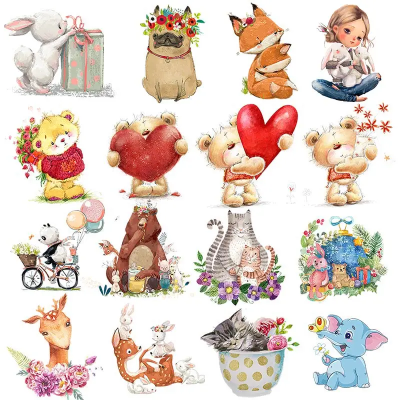

Cartoon Cat Stripe Animal Iron-On Transfers For Clothing Thermo Stickers On Fabric Stripes On Kids T-shirt Bear Flowers Applique
