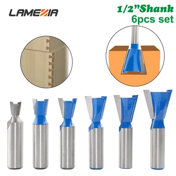 

LAMEZIA 6pcs/set 1/2" Carbide Alloy Woodworking Dovetail Knife Panel Hard Milling Cutter Set Wood Carving Machine Drilling Kit