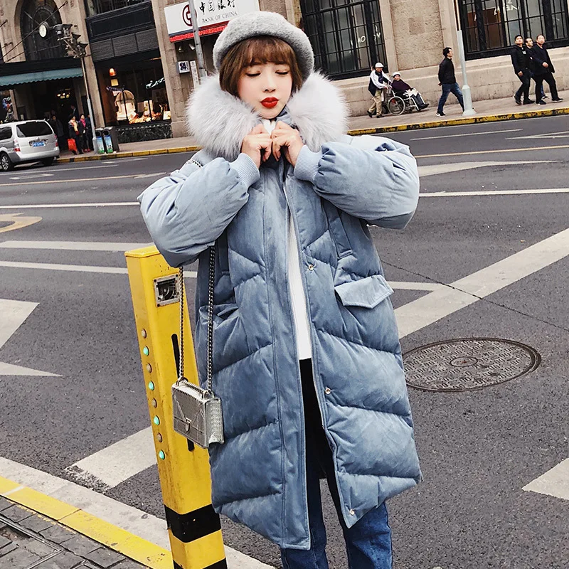 

2019 Gold Velvet Cotton-padded Jacket INS Cotton-padded Clothes Women's Mid-length over-the-Knee Large Fur Collar New Style Wint