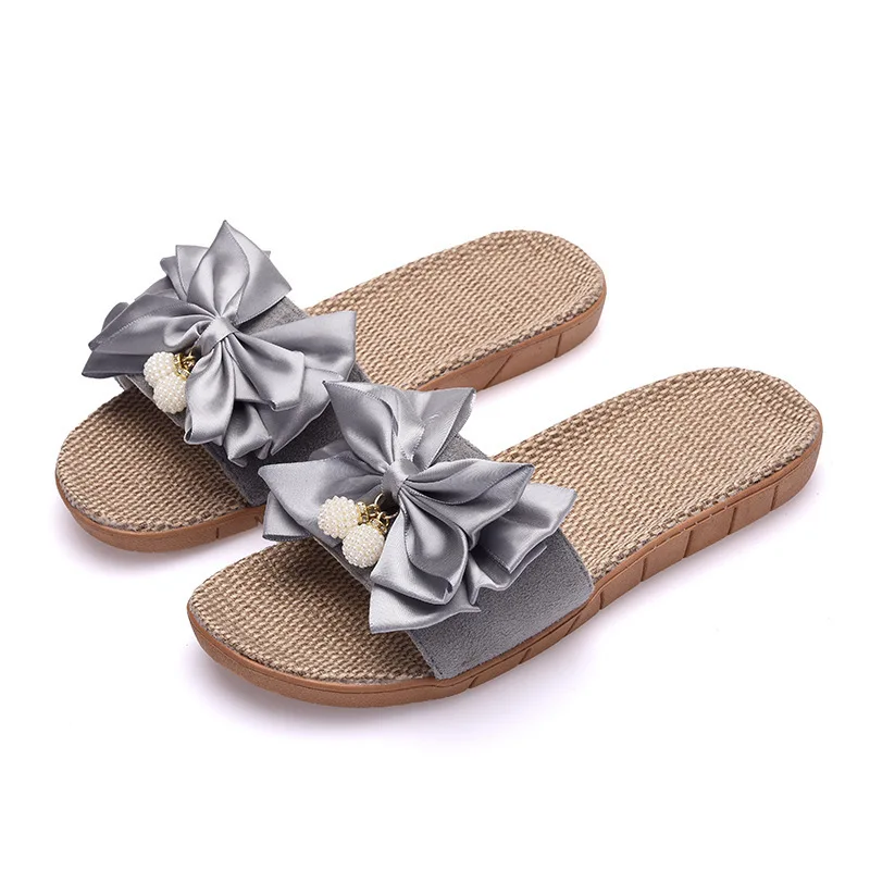 

Summer Women Slippers Outdoor Beach Shoes Sweet Silk Bow Pearls Flat Platform Sandals Non-slip Flax Flip Flops