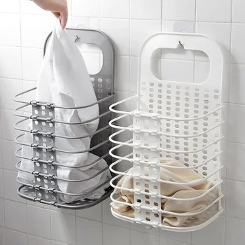 

Folding Hamper Storage Basket Plastic Household Bathroom Free Punching Wall Hanging Laundry Basket Bedroom Dressing Basket