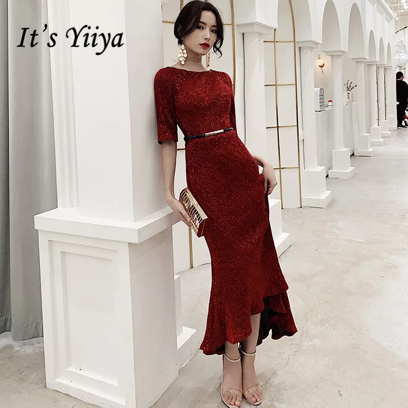 Это YiiYa платье для выпускного вечера бордовое с o-образным вырезом Русалка платье для выпускного вечера es Половина рукава чай Длина размера плюс молния Vestidos De Gala K150