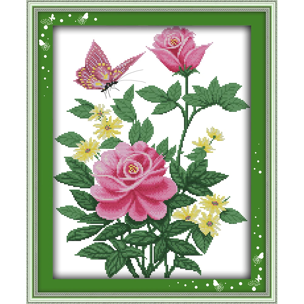 Everlasting love chinese Cross stitch kits Pink rose and butterfly Ecological cotton stamped printed 14 DIY Christmas decoration