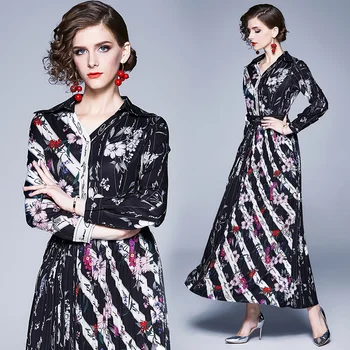 

womens runway Pleated Designer dress clothes printed Floral slim Casual party long maxi Swing holiday Skater Swing beach dresses