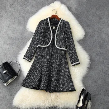 

High Quality Fashion Runway Designer Women Luxury Beading Short Tweed Woolen Jacket and Tank Dress Autumn Winter Female Clothes