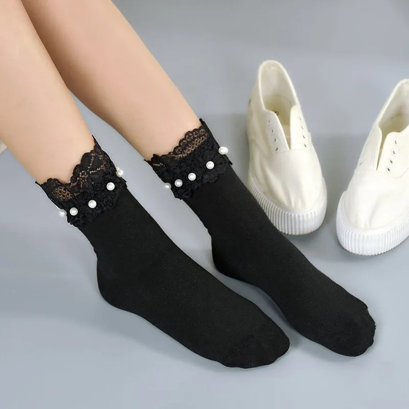 Корейская версия сезон весна-лето Модные женские Носки, украшенное окантовкой из кружева ногтей жемчуг хлопок сплошной цвет женские носки для принцессы