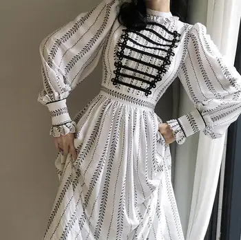 

spring autumn vintage stand collar dress women slim lace patchwork high waist a-line dress