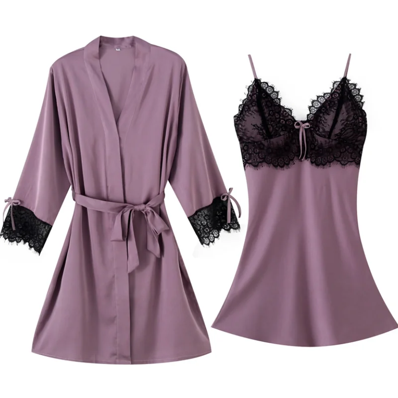 

Women's Spring Autumn New Silk Beautiful Lace Robe Nightgown Two-Piece Suit Home Clothes Sexy Sleepshirts With Chest Pad