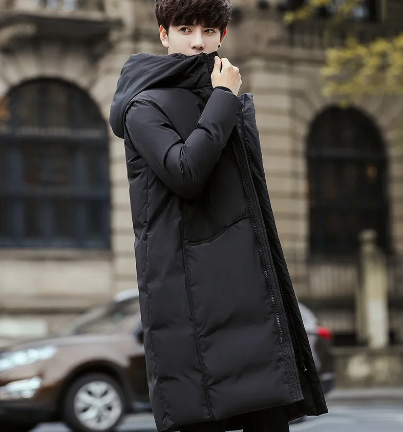 Black Gray Long Winter Down Jacket Men Thick Warm Hooded Loose Solid Outerwear Fashion Windproof Overcoat Mens Clothes YT50206