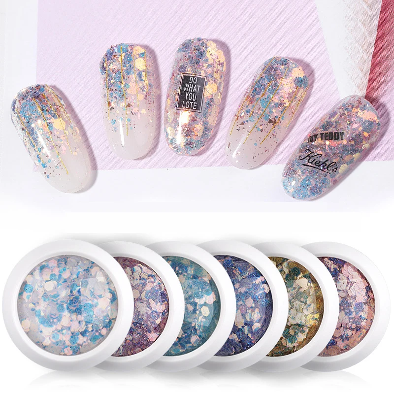  6 Boxes/set Mix Size Nail Art Glitter Powder Hexagon Sequins Broken Flakes 3d Charm Dust for Manicu
