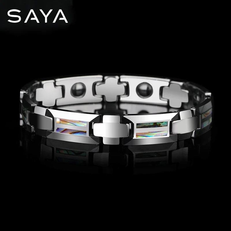 

Men Tungsten Carbide Bracelet for Men with Colorful Natural Shells Inlay Magnet Health Stones 18.5m/20.5cm Length, Free Shipping