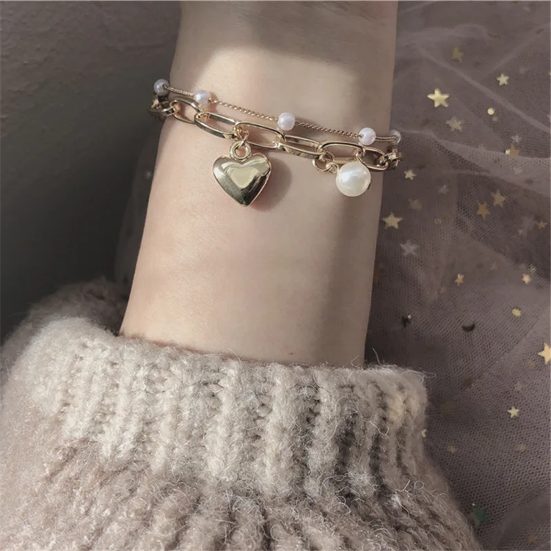 Корейский стиль ретро Двойная Цепочка жемчужный браслет с кулоном сердце милая девушка милый браслет «Лучший Друг» ювелирные изделия