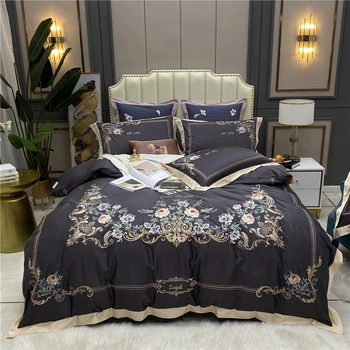 

New 800TC Satin Egyptian Cotton Flowers Embroidery Palace Bedding Set Double Duvet Cover Set Bed Linen Fitted Sheet Pillowcases