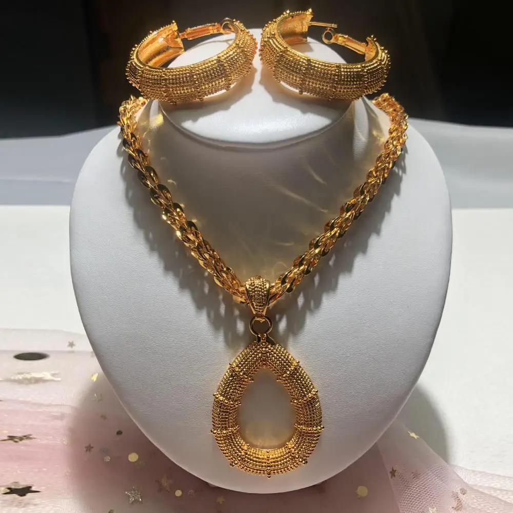 Роскошные модные Дубай арабские Свадебные Ювелирные наборы для женщин Дубай золото цвет большое ожерелье серьги для свадьбы, помолвки комплект ювелирных изделий