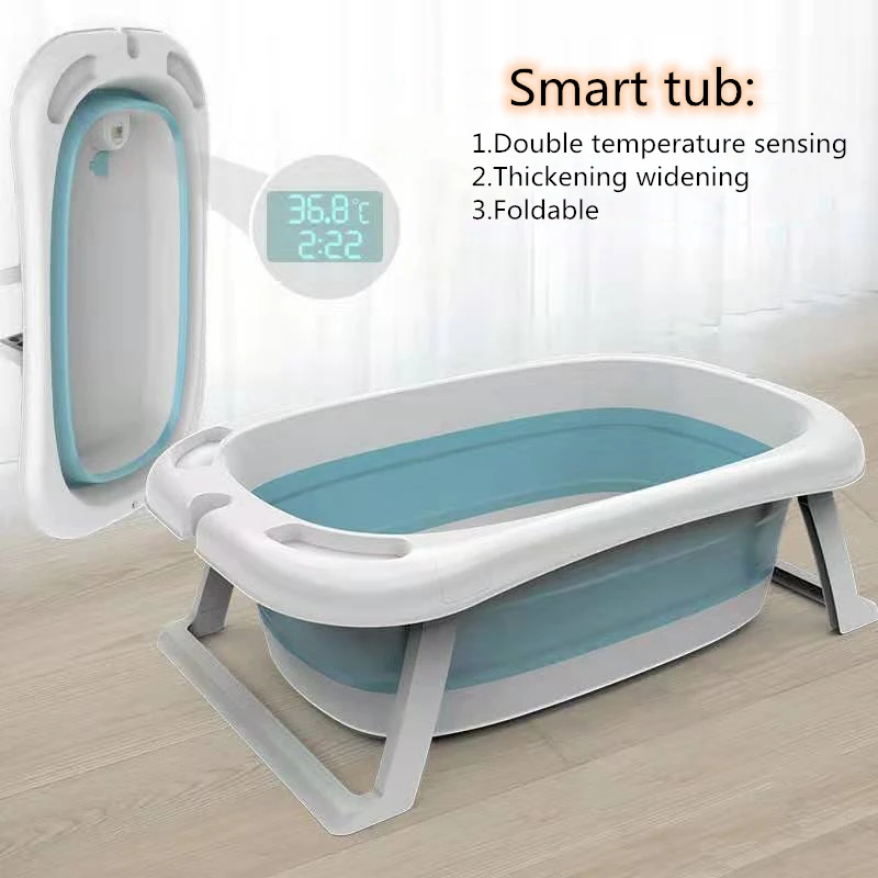 

Foldable Baby Shower Tub with Thermometer Smart Temperature sensing Infant Bath Tubs Baby Non-Slip Widen and Thicken Kid Bathtub