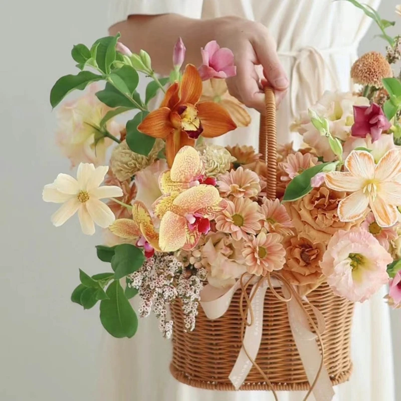 cesta de rattan artesanal com alça para casa arranjo de flores secas plantas verdes cestas de armazenamento casamento jardim decoração