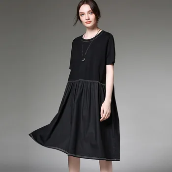 

Casual Plus Size Female Dress 2020 Summer Knitted Stitching Contrast Color Cotton Womens Simple Round Neck Short Sleeve Dress