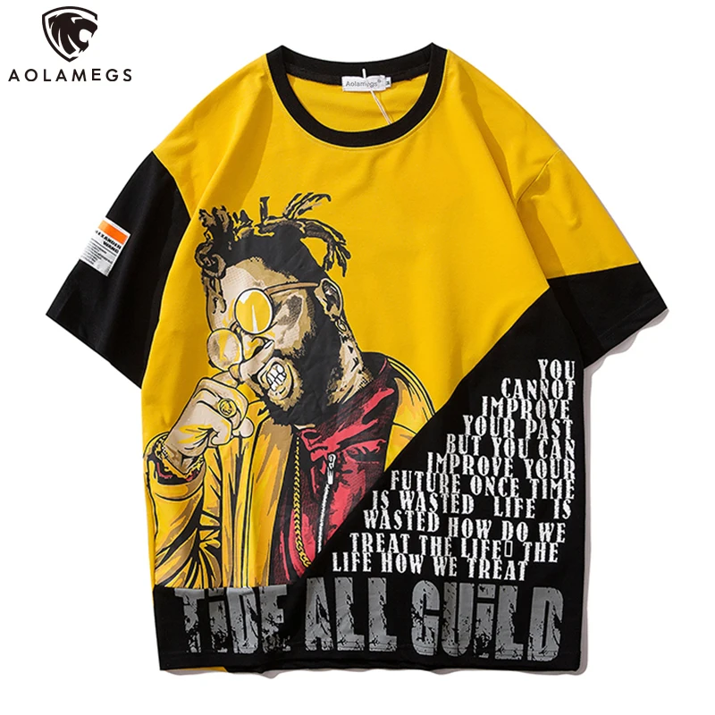 

Aolamegs Men's T Shirt Patchwork Color High Street Style Cozy Harajuku Hip Hop Print Oversize O-Neck Fashion Streetwear Summer