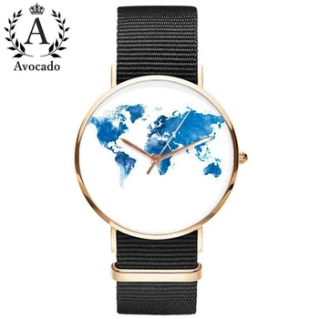 

New Women'S World Map Watch Black Canvas Strap Quartz Movement 3 Hands Rose Ladies Wristwatches