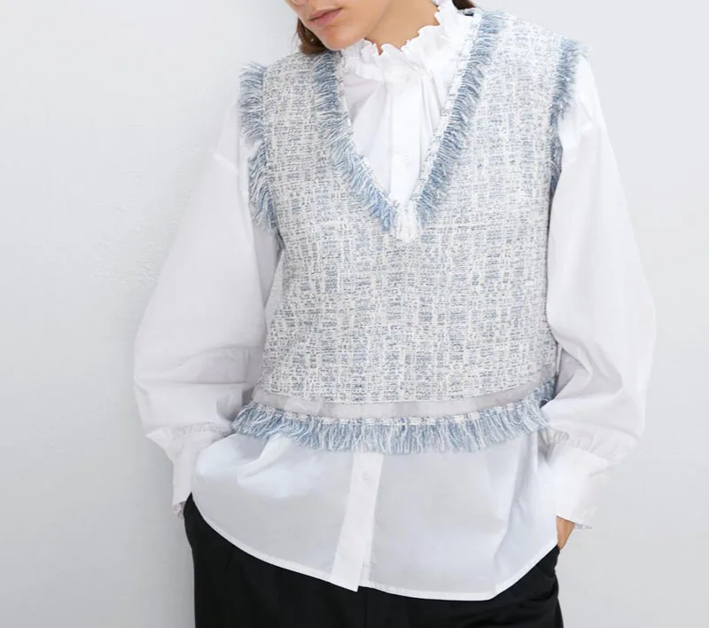New Women Autumn V neck Woolen Tank Tops Sleeveless Tassel Vest Shirts Office Lady Solid Color Preppy Style Tops KY9809