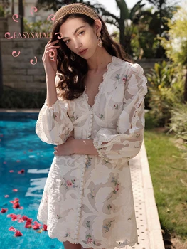 

EASYSMALL Women dress Fashion Plus Size high-end cosplay party evening Printed lace stitching High Waist long sleeve Dresses