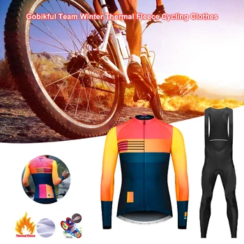 

Gobikful Team Winter Thermal Fleece Cycling Clothes Men Long Sleeve Jersey Suit Outdoor Riding Bike MTB Clothing Bib Pants Set