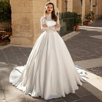 

Demure High Neck Long Sleeves Court Train Lace Up Bridal Gowns Vestido De Noiva Lace Appliques A Line Wedding Dresses
