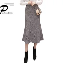 Шерстяная саржевая клетчатая юбка с длинным разрезом зимняя новая юбка рыбий хвост женские сексуальные юбки Ампир