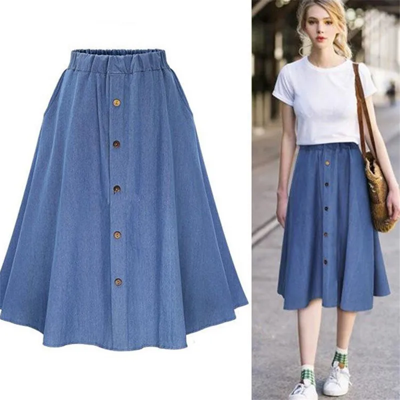 Denim Jeans A-line Women's Midi Skirt Female Plus Size High Waist Button Students long Skirts Spring Summer College Clothes - Цвет: Небесно-голубой
