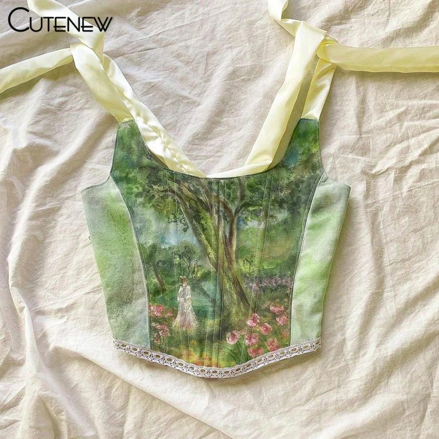 Y2K Vintage Aesthetic Printing Crop Tops Women's Clothes Summer Sexy Bandage Tank Top Skinny Clubwear Camisole Hot Deals
