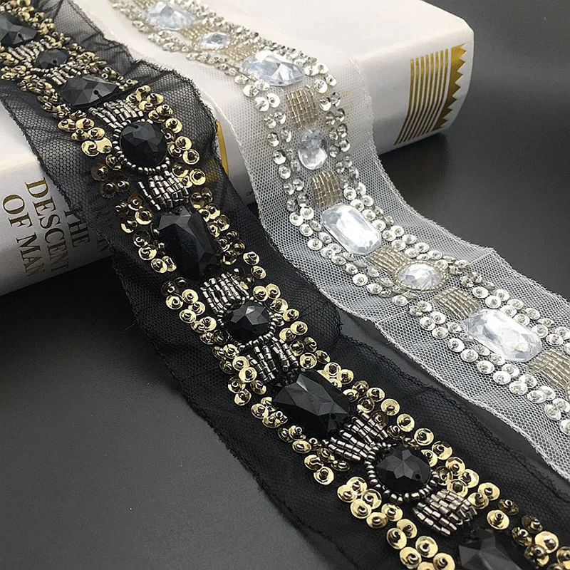2Yards Handmade Beaded Rhinestone Lace Trim 6.5cm Sew On Crystal Sequins Ribbon Mesh DIY Collar Belt Sewing Accessories | Дом и сад