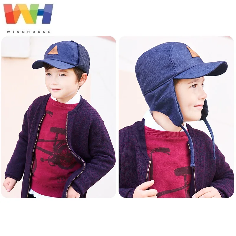 Южная Корея, детская шапка для мальчиков, одноцветная джинсовая кепка, детская осенне-зимняя ветрозащитная плотная шапка с ушками, теплая шапка-ушанка
