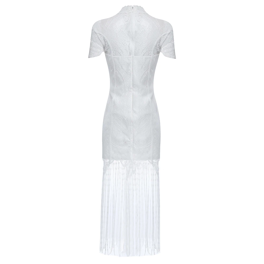 Осеннее вечернее платье бодикон с кисточками, женское сексуальное платье с короткими рукавами для ночного клуба Vestidos, белое кружевное платье с открытой грудью