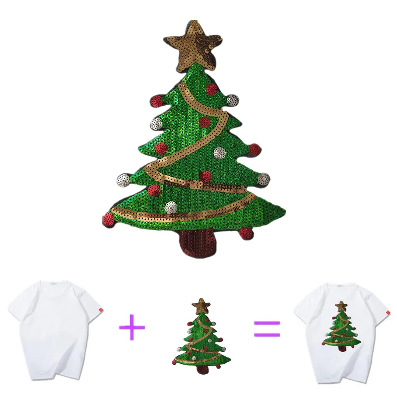 24CM Christmas Tree Patch Diy Clothes Stickers Green Sequins Large Biker Badge Iron On Patches For Clothing Strange Things