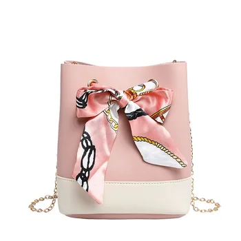 

Silk Scarf Bucket Bag 2020 New Shoulder Chain Cross-Body Bow Lady Mini Tote Bag Fashion Match Color Mobile Phone Bag Wholesale