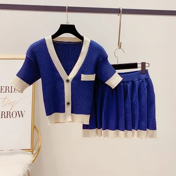 

Fashion Green Pleated Skirt Womens Suit 2020 Summer New Korean Elegant Short Knitted T-shirts+knit Mini Skirts Tee Two-Piece Set