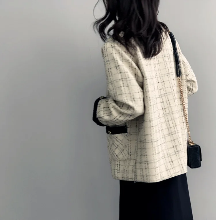 Mooirue осень винтажная бежевая твидовая куртка клетчатый длинный рукав в полоску карман элегантный женский жилет пальто